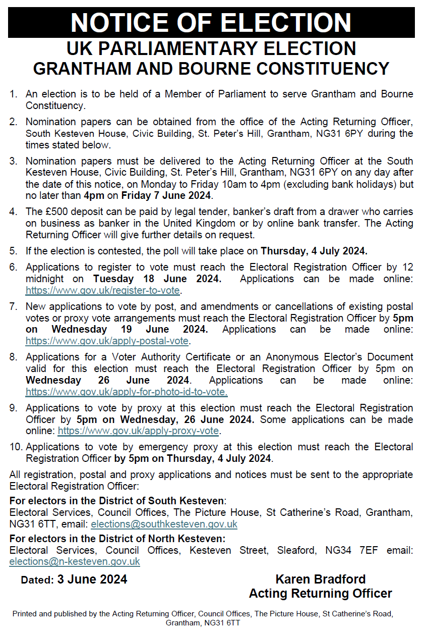 Notice of Election  Grantham and Bourne Constituency 03-06-24